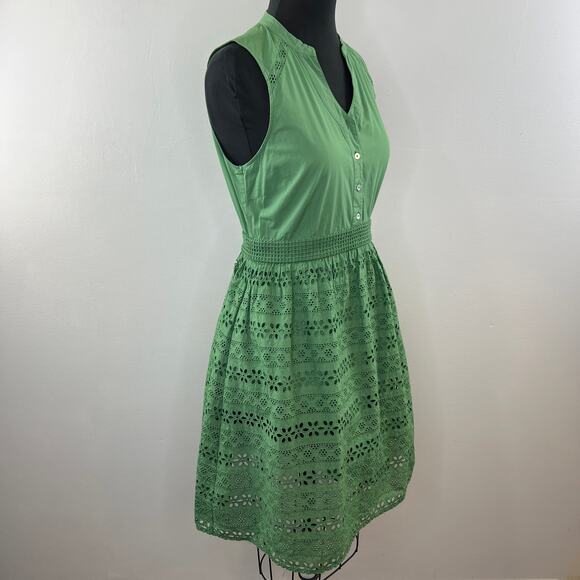 Anthropologie WOLVEN Green Sleeveless Button-Down Eyelet Cotton Sheath Dress 6 - Picture 3 of 9